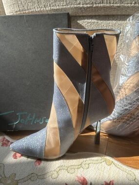 Betsey Johnson Glitter Pointed Toe Ankle Boots in Silver and Tan